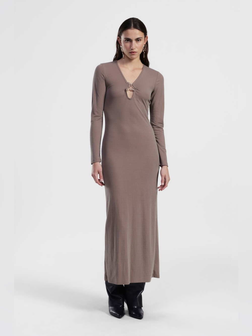 Birch & Stone long sleeve Mushroom Taupe body-con keyhole Scoop neck maxi dress